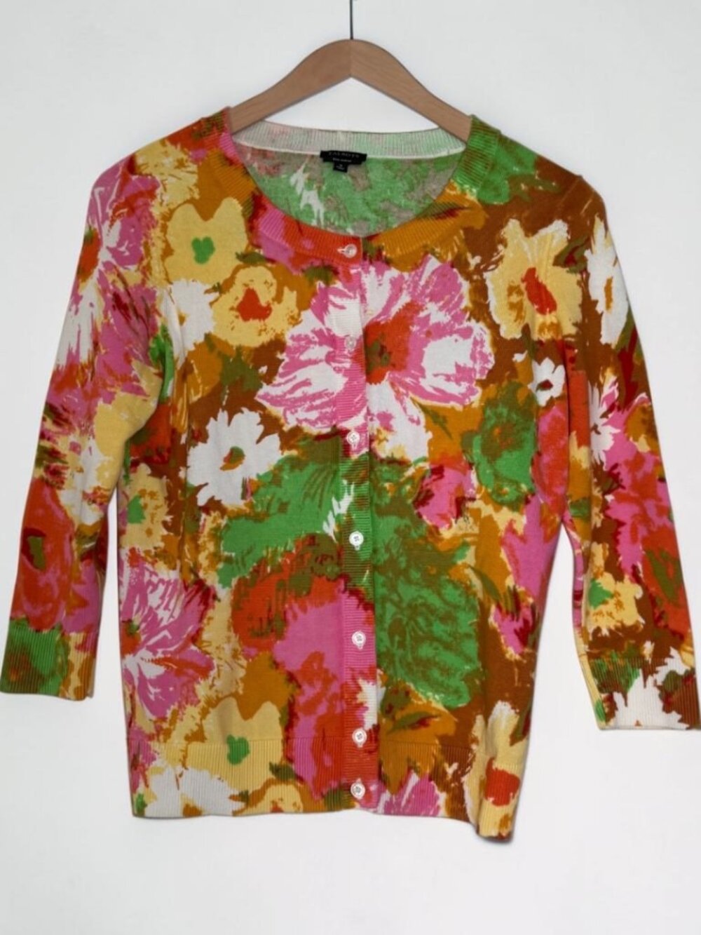 Talbots Pima Cotton Floral Cardigan Small Bright Multicolor Spring Sweater